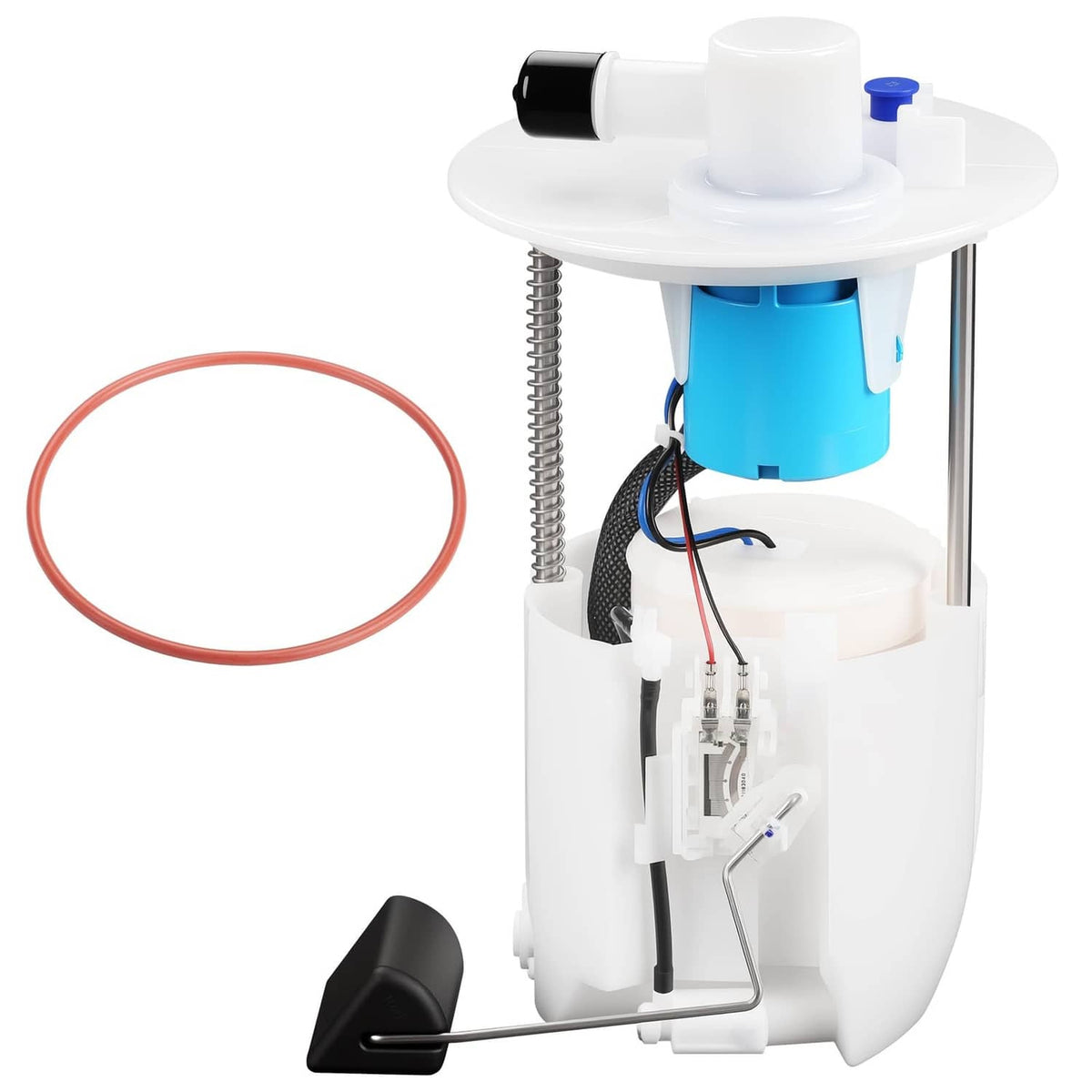 Electric fuel pump module with white housing, blue pump, and red O-ring gasket