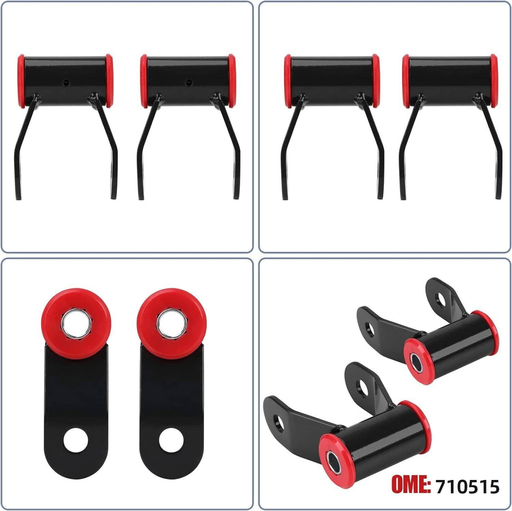 Rear lift shackle kit with black brackets, red spacers, and mounting hole inserts