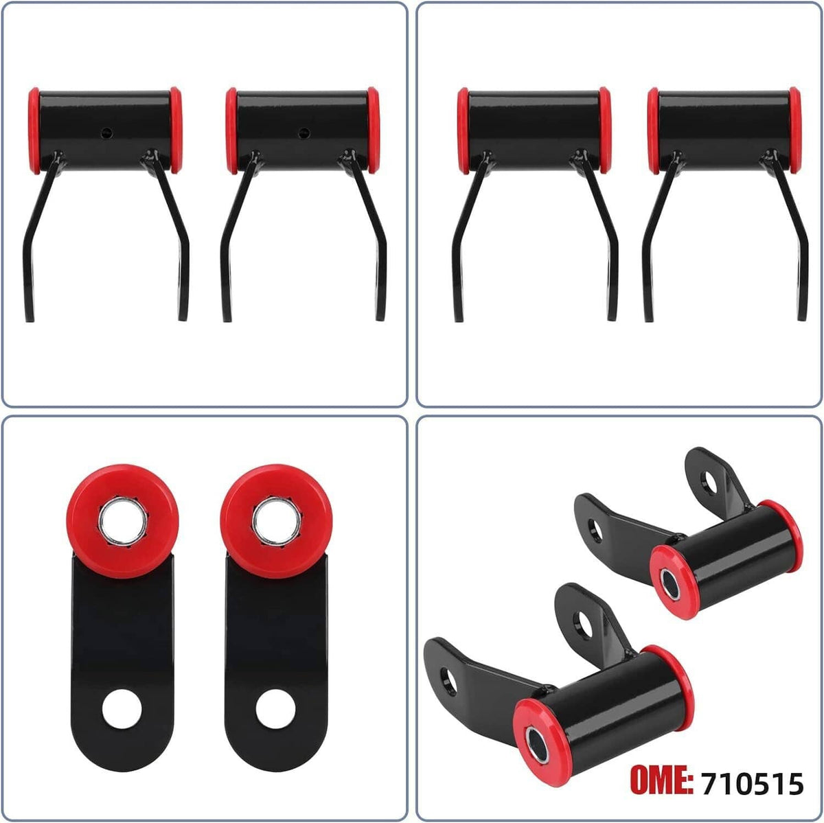 Rear lift shackle kit with black brackets, red spacers, and mounting hole inserts