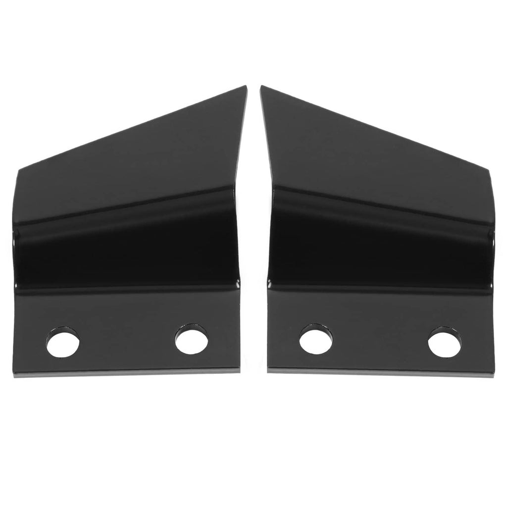 Two black steel trencher cup teeth with circular mounting holes