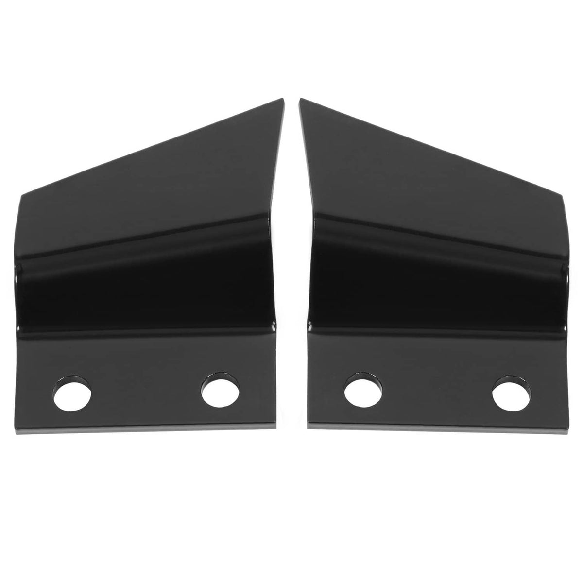 Two black steel trencher cup teeth with circular mounting holes