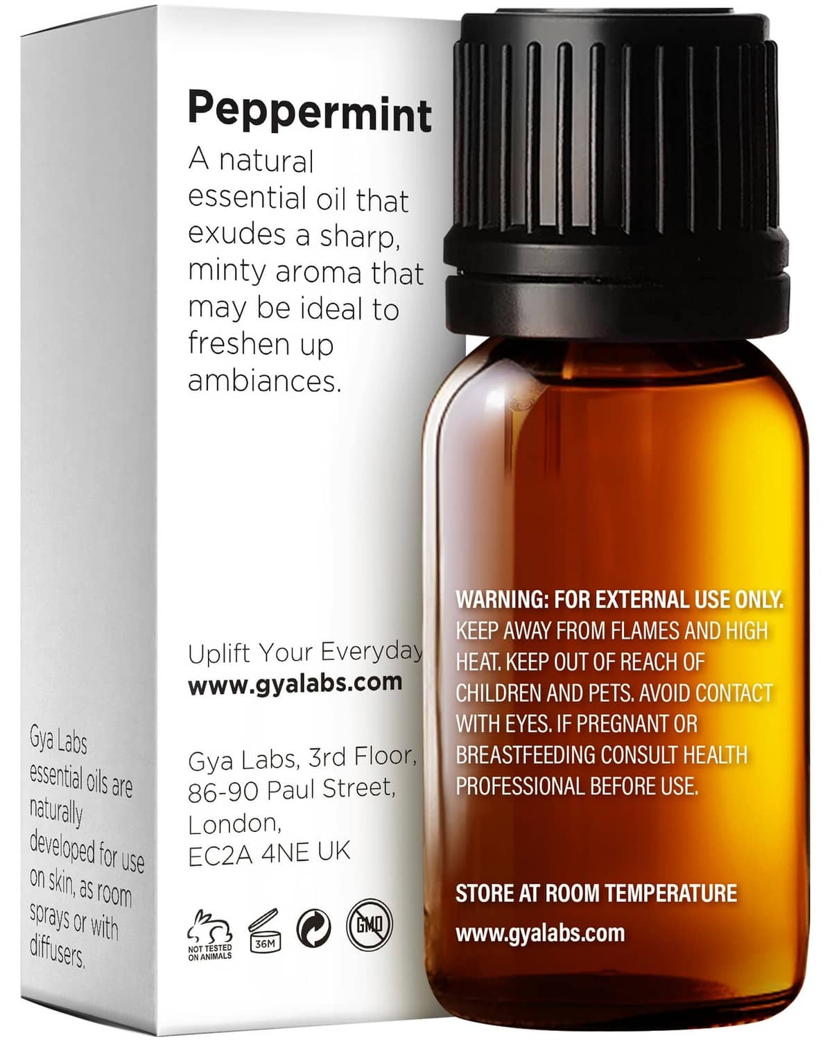 Peppermint essential oil bottle with product box, amber glass