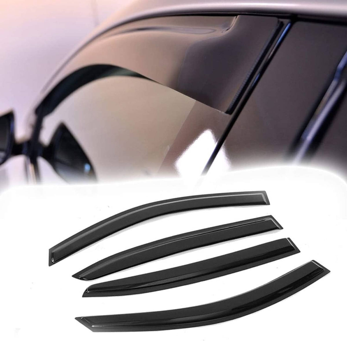 Dark tint window visor rain guards, curved edges in a four-piece set