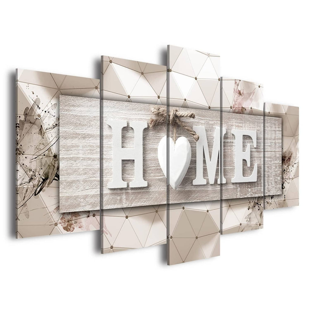 Wrapped multi-panel canvas art showing "HOME" letters and heart, beige and gray tones