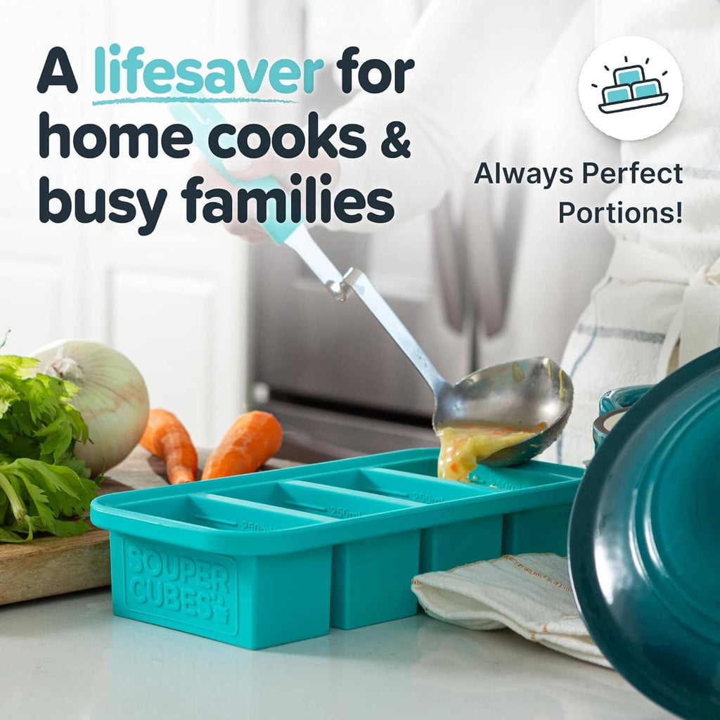 Teal silicone freezer portion container with lid, compact meal prep storage.