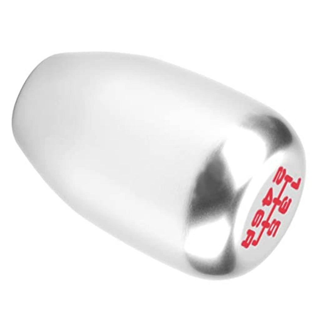 Silver gear shift knob with red 6-speed markings on the side, rounded top profile