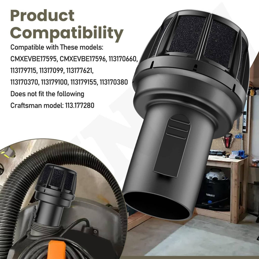 Black wet/dry vac muffler diffuser nozzle with mesh foam pads and vented base