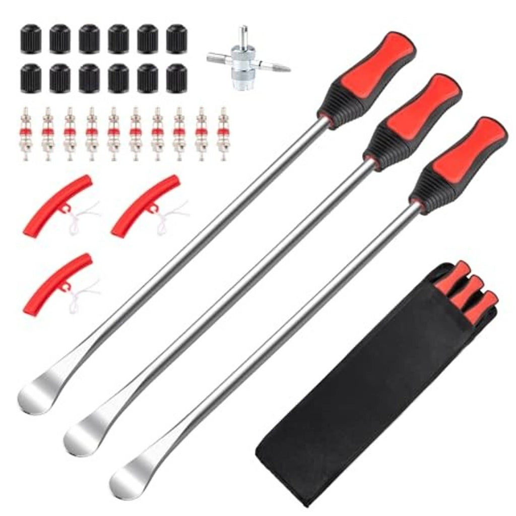 Tire changing tool set with three metal spoons, black/red grips, valve caps, and valve cores