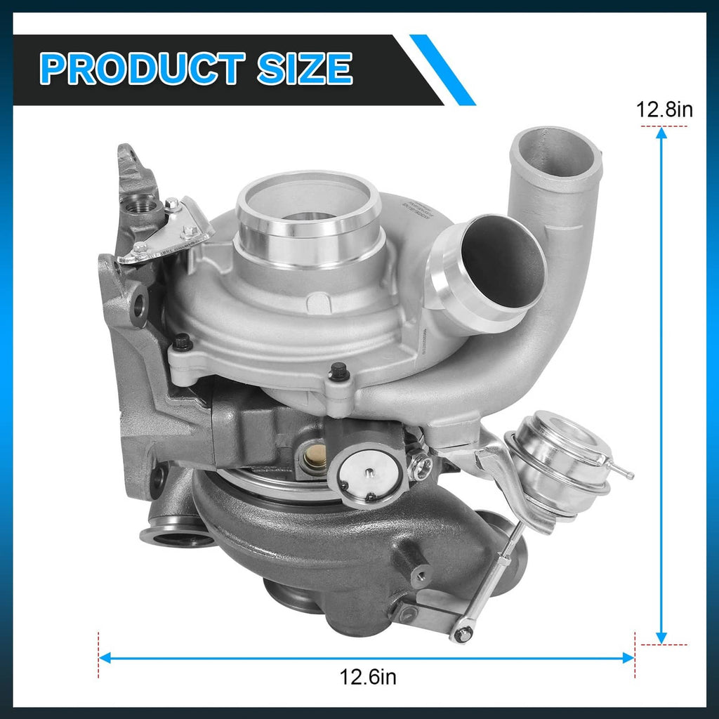 Turbocharger with silver housing, inlet/outlet pipes, and turbine side exhaust flange
