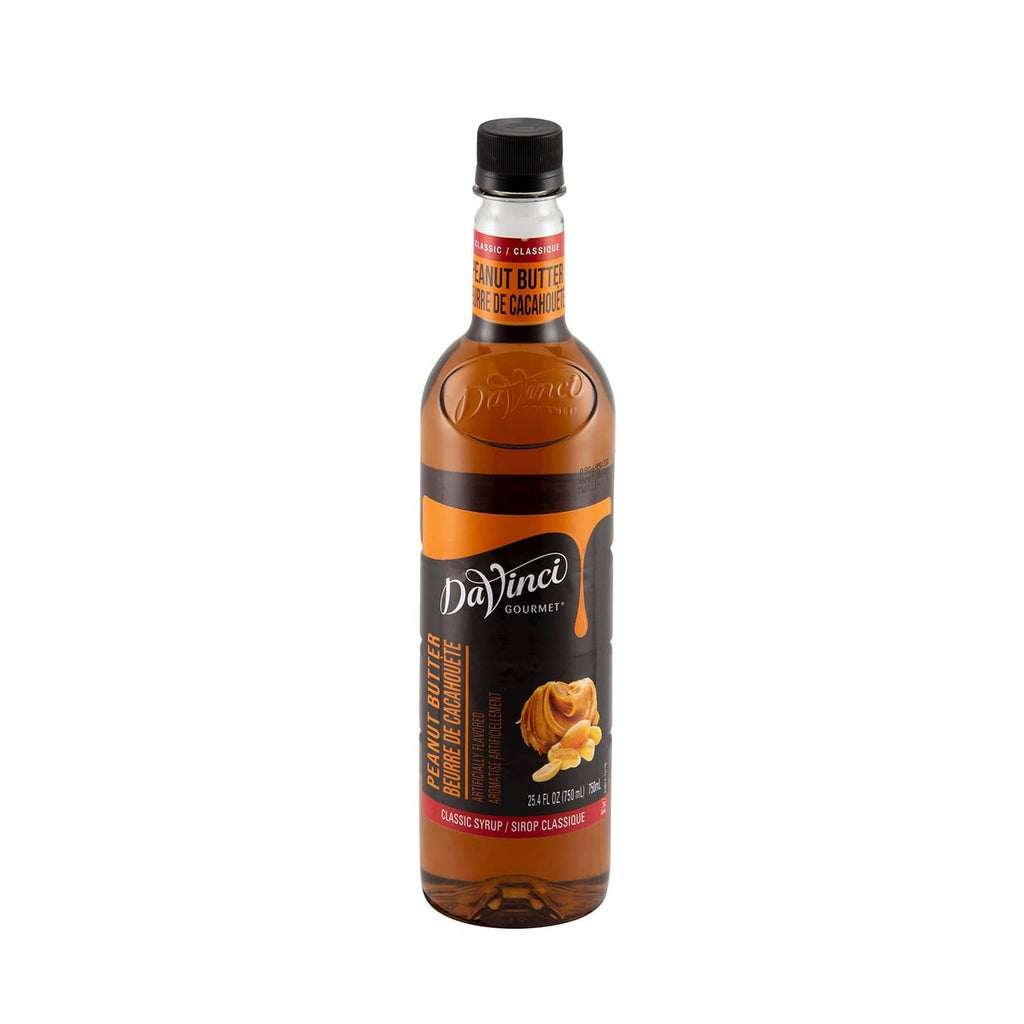 Peanut butter syrup bottle front with DaVinci branding and black cap