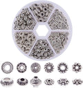 Antique silver tube spacer bead set in a round organizer, with multiple etched designs