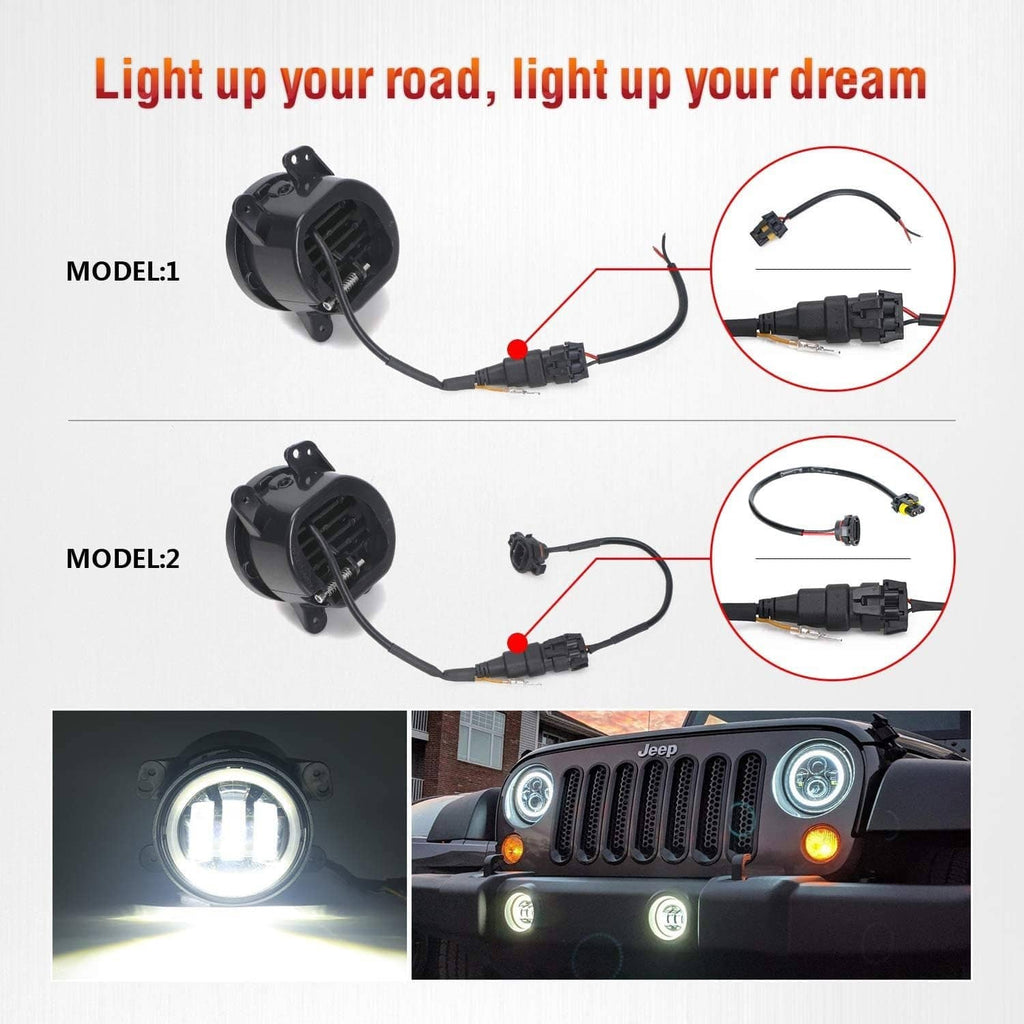 LED fog light kit with two lamp units, wiring leads, and connector plugs shown