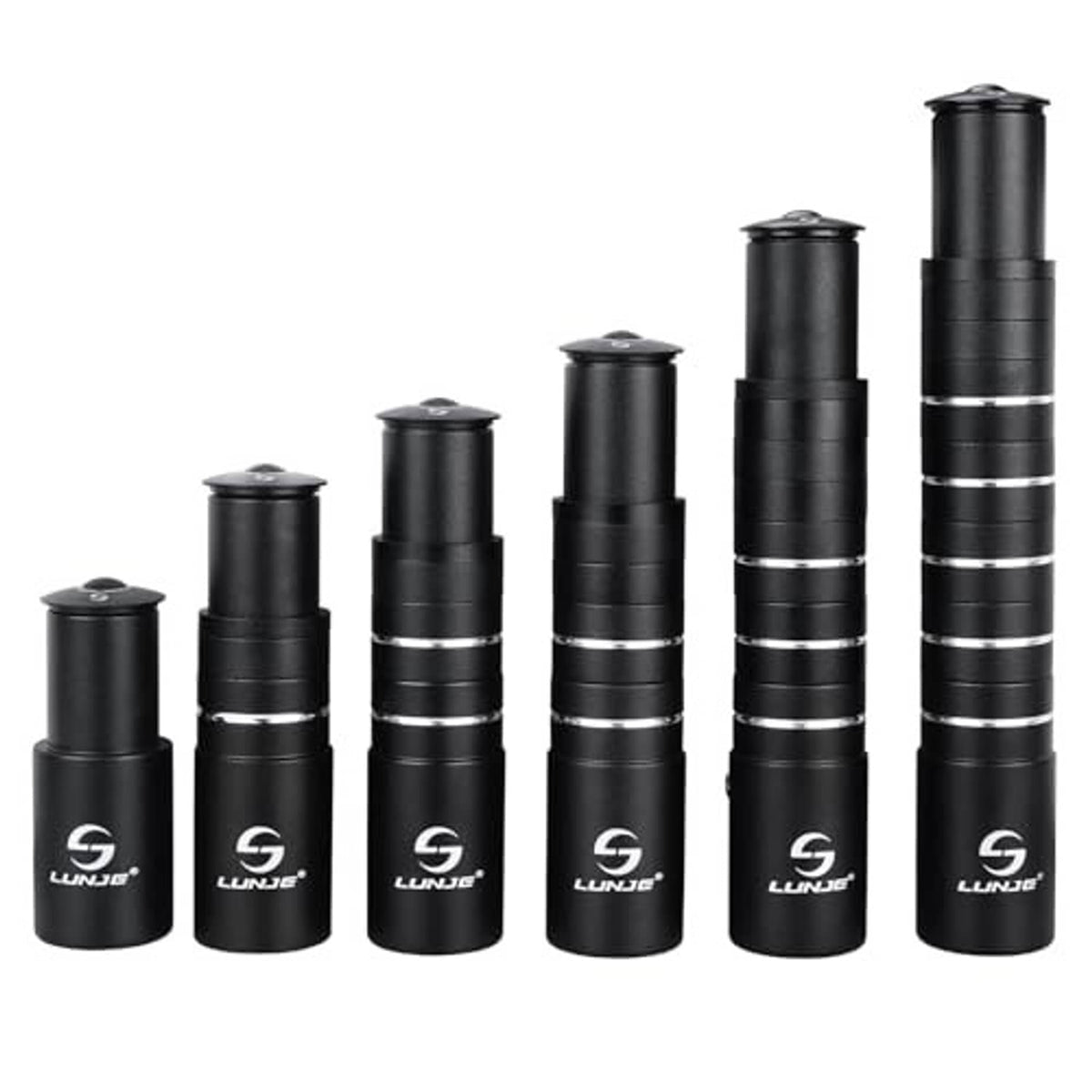 Black stem riser extender set of cylindrical spacers with white stripe bands