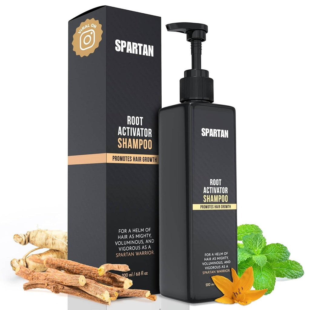 SPARTAN™ Root Activator Shampoo bottle with pump and matching product box