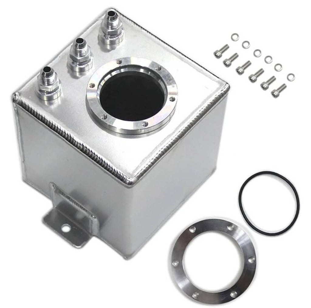 Aluminum fuel surge pot tank with AN6 ports, round flange top and mounting bracket