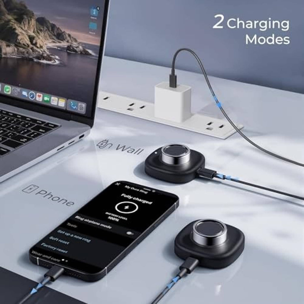 Portable charging dock with cable connected to power adapter on desk