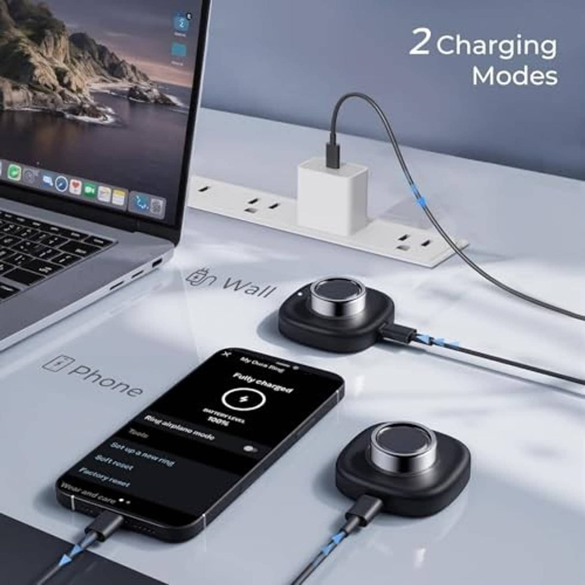 Portable charging dock with cable connected to power adapter on desk