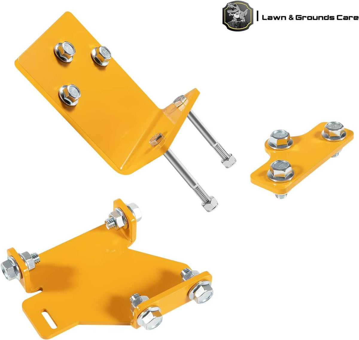 Yellow transmission brackets with attached bolts and hex nuts for mounting