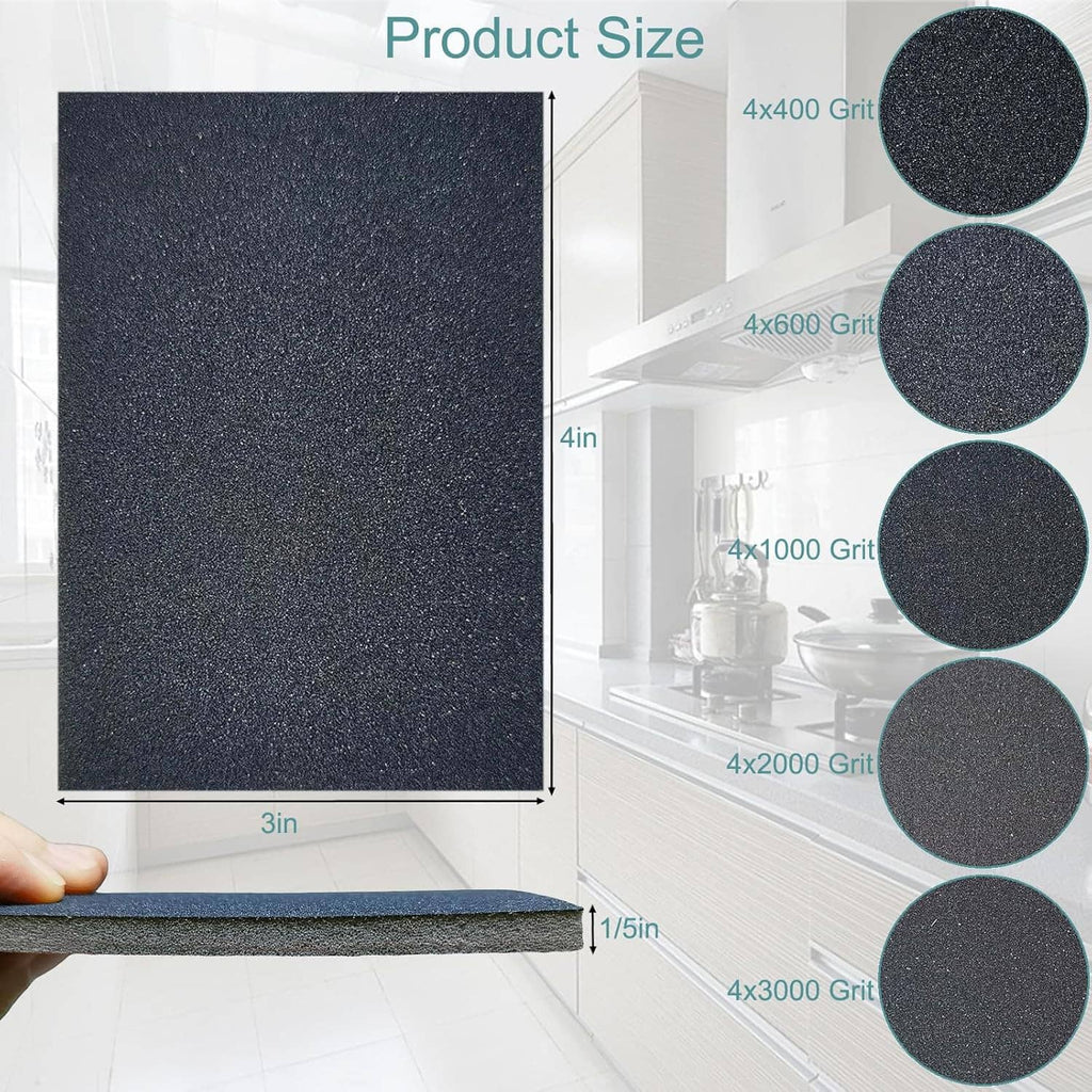 Sanding sponge size chart with 4x400, 4x600, 4x1000, 4x2000, 4x3000 grit