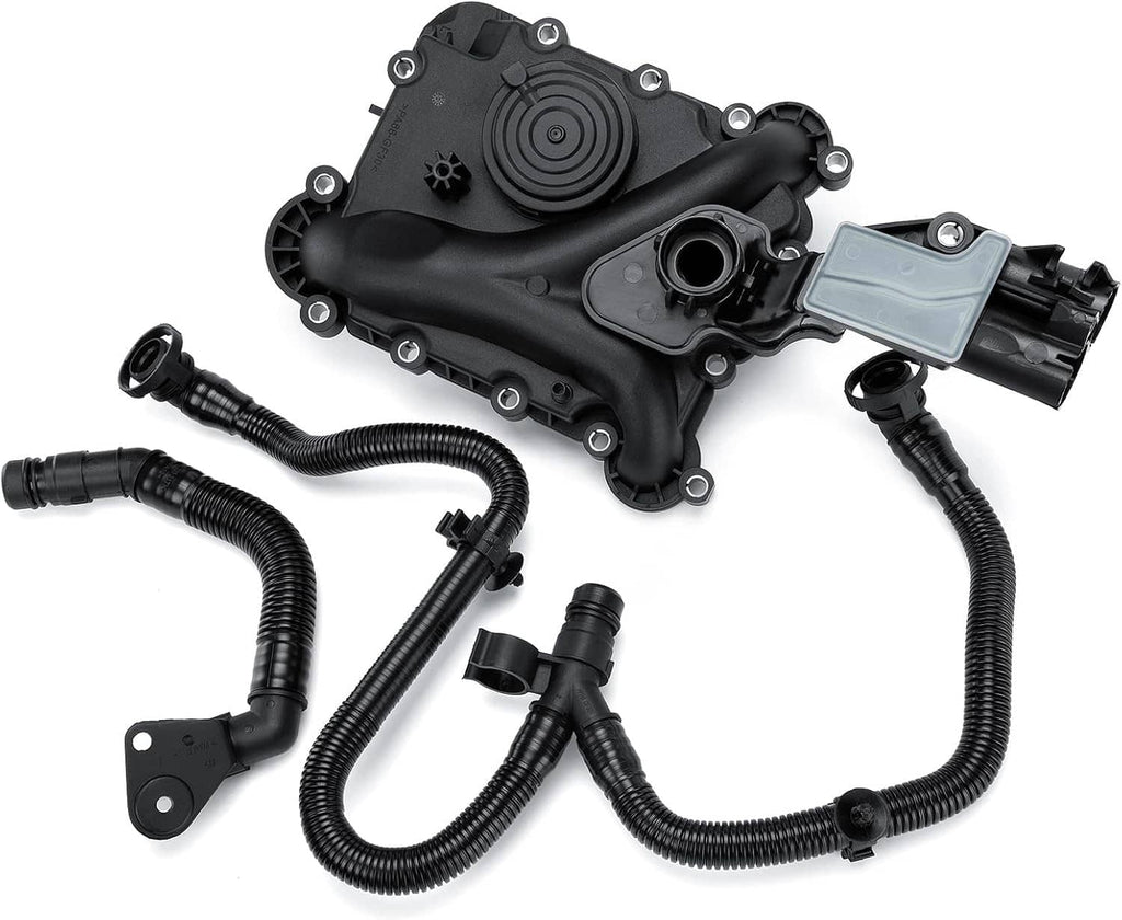 Black plastic oil separator PCV valve vent trim with hoses and electrical connector