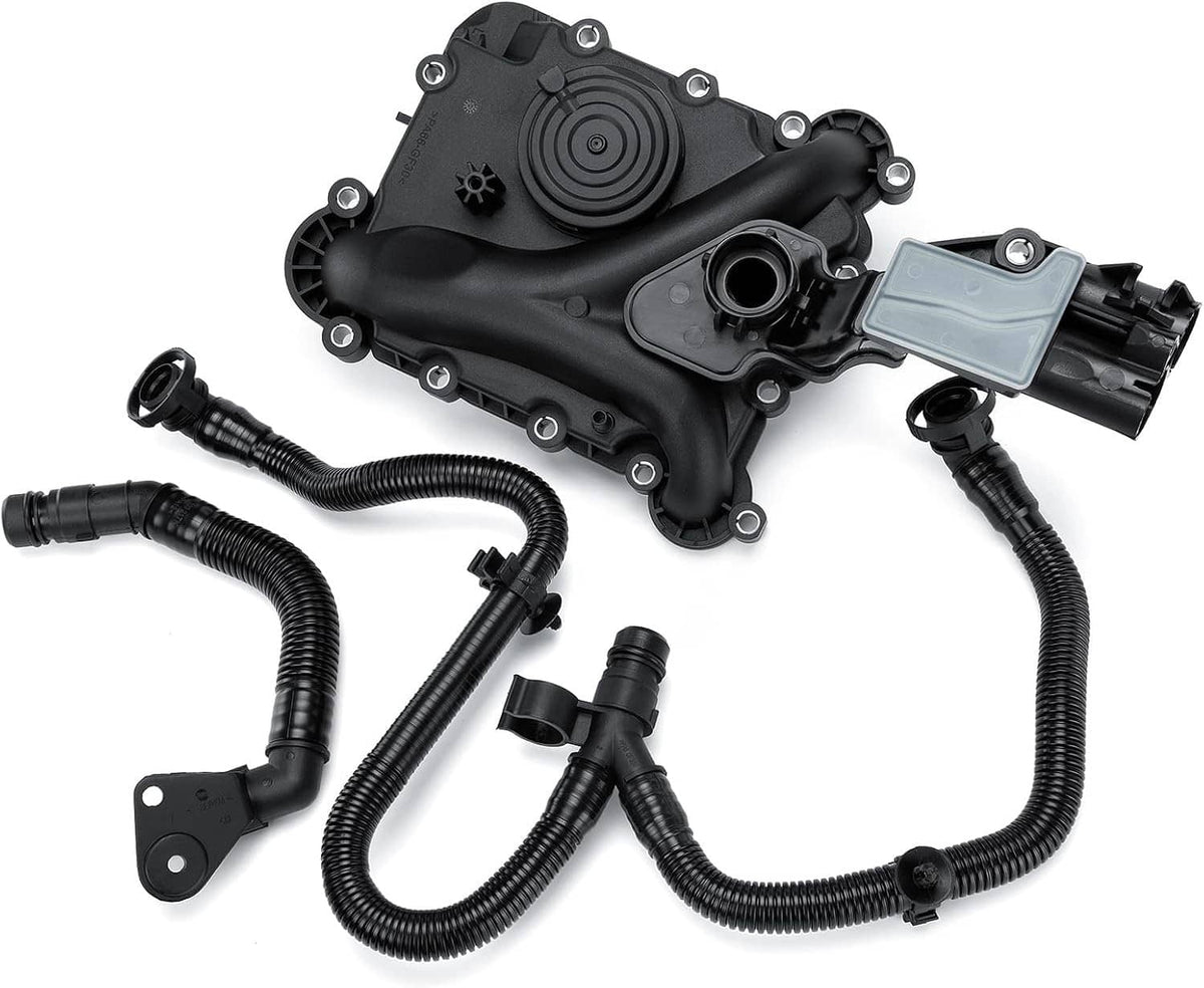 Black plastic oil separator PCV valve vent trim with hoses and electrical connector