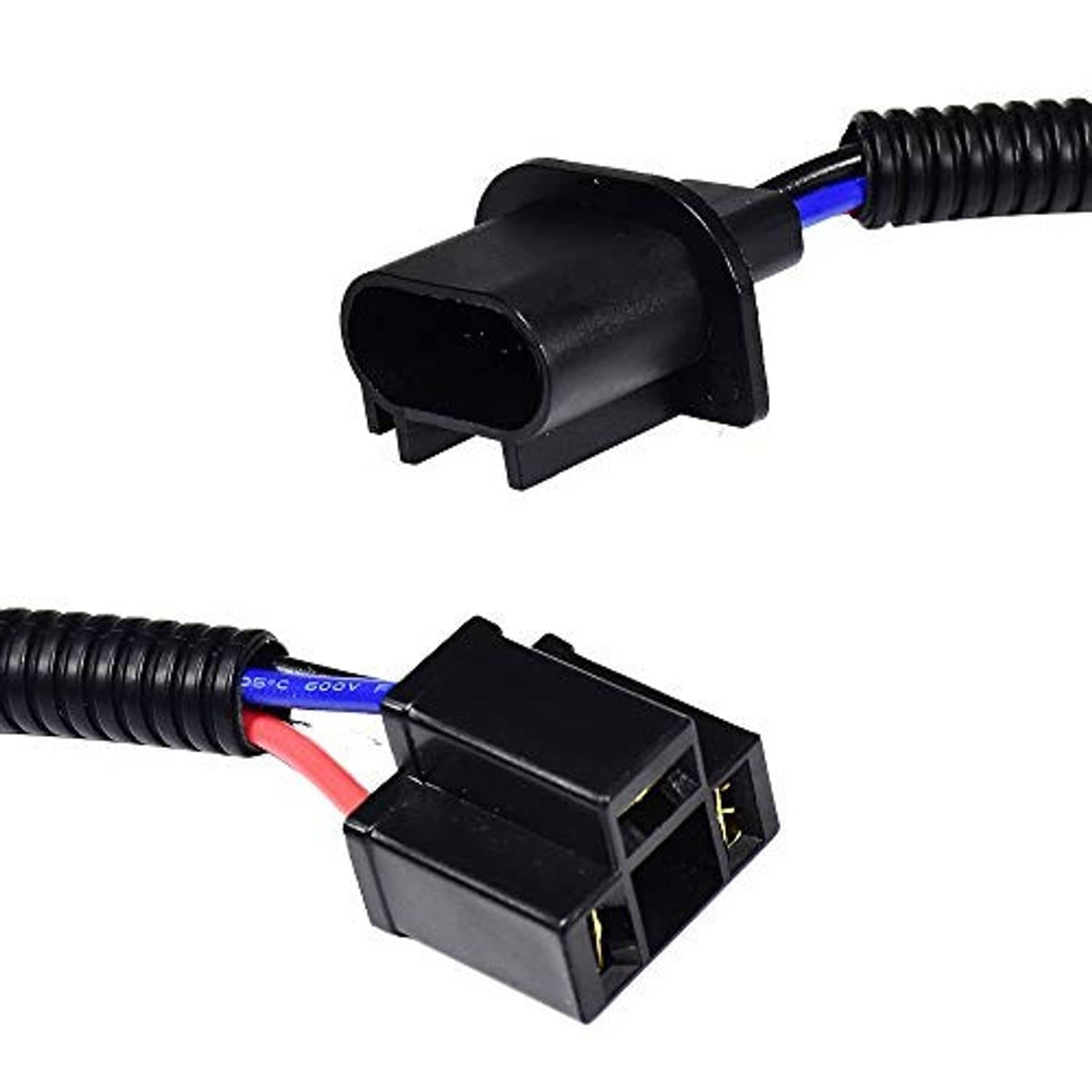 H13 to H4 adapter wiring harness with black socket housing and plug connectors
