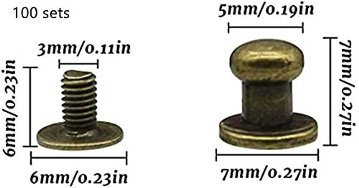 Bronze round head Phillips screw studs, shown with small size measurements