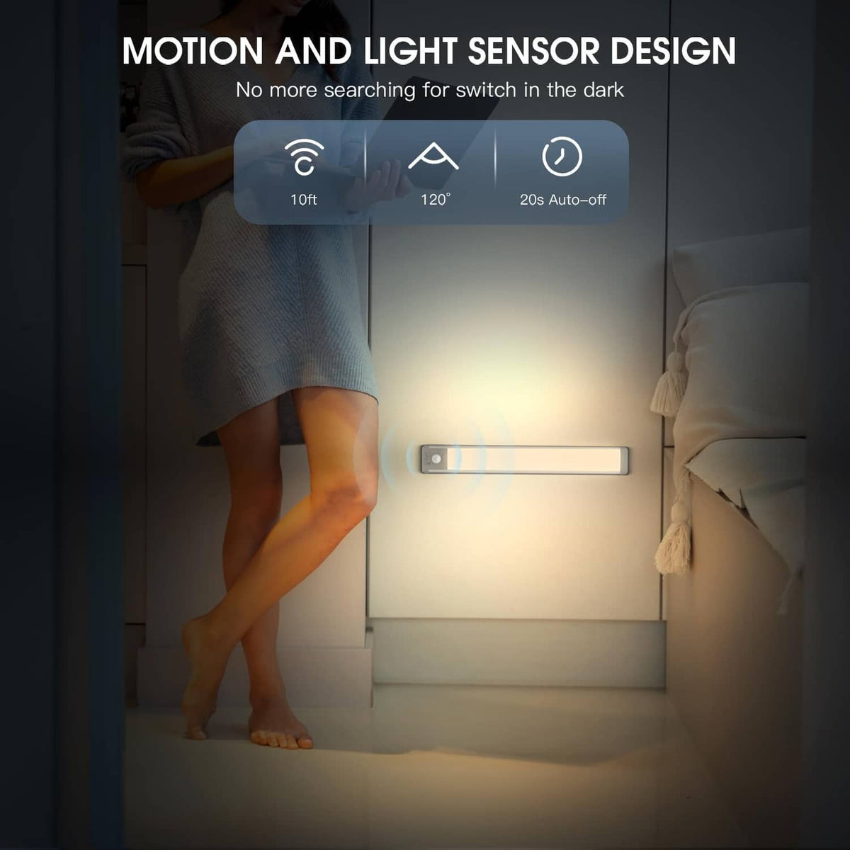 Under cabinet LED motion sensor light bar providing warm white illumination