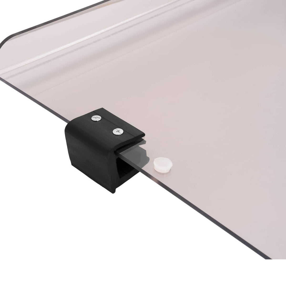 Tinted windshield corner with black bracket and white plastic mounting knob
