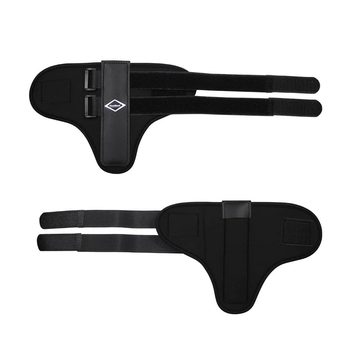 Black wrist brace front and back view with two long adjustable straps