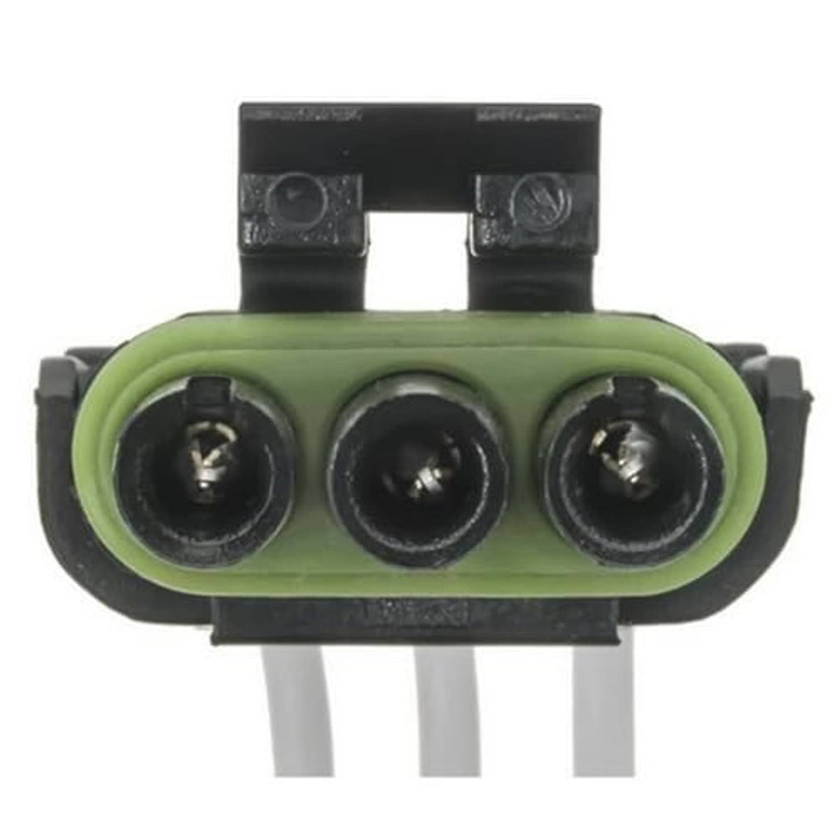 3-pin connector pigtail, green oval housing with three black-ring terminals and wire ends