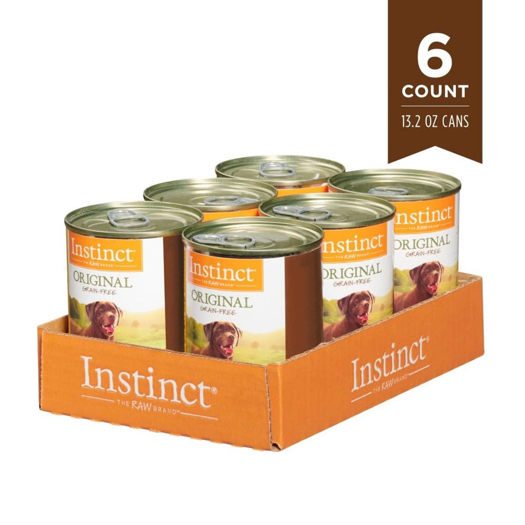 Six-pack of Instinct Original grain-free chicken dog food cans in cardboard tray