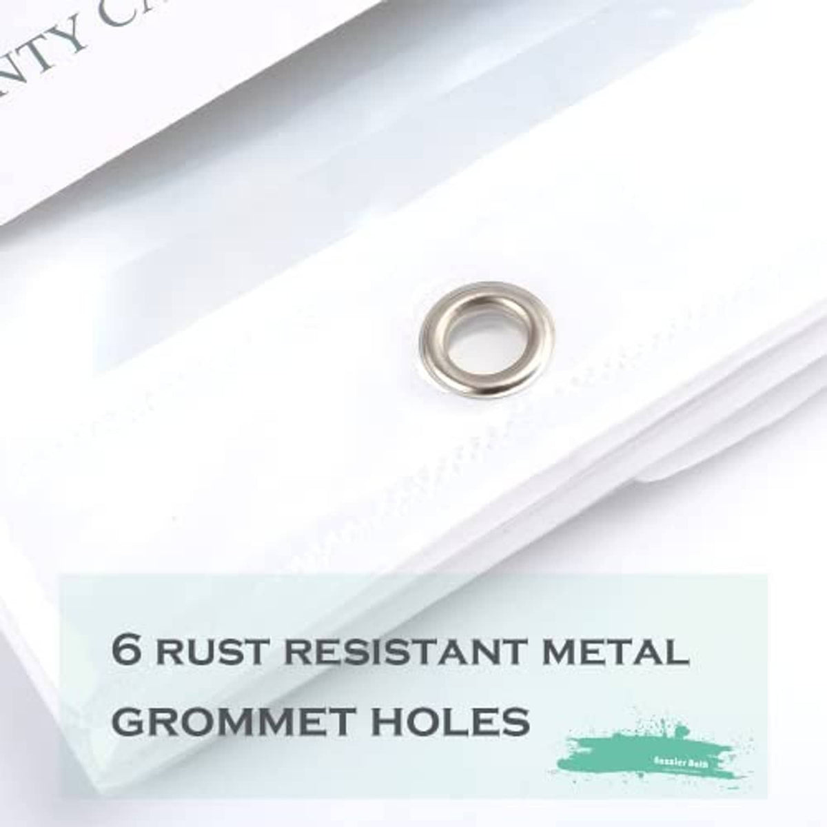 Rust-resistant metal grommet holes on a clear shower curtain liner