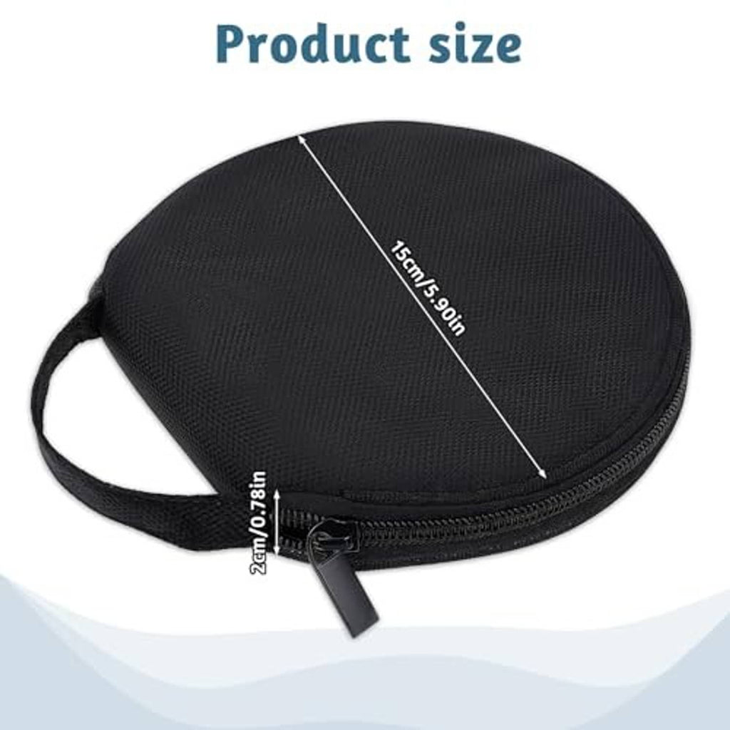 Black round CD/DVD storage case, 15 x 2 cm, with zipper and carrying strap pouch