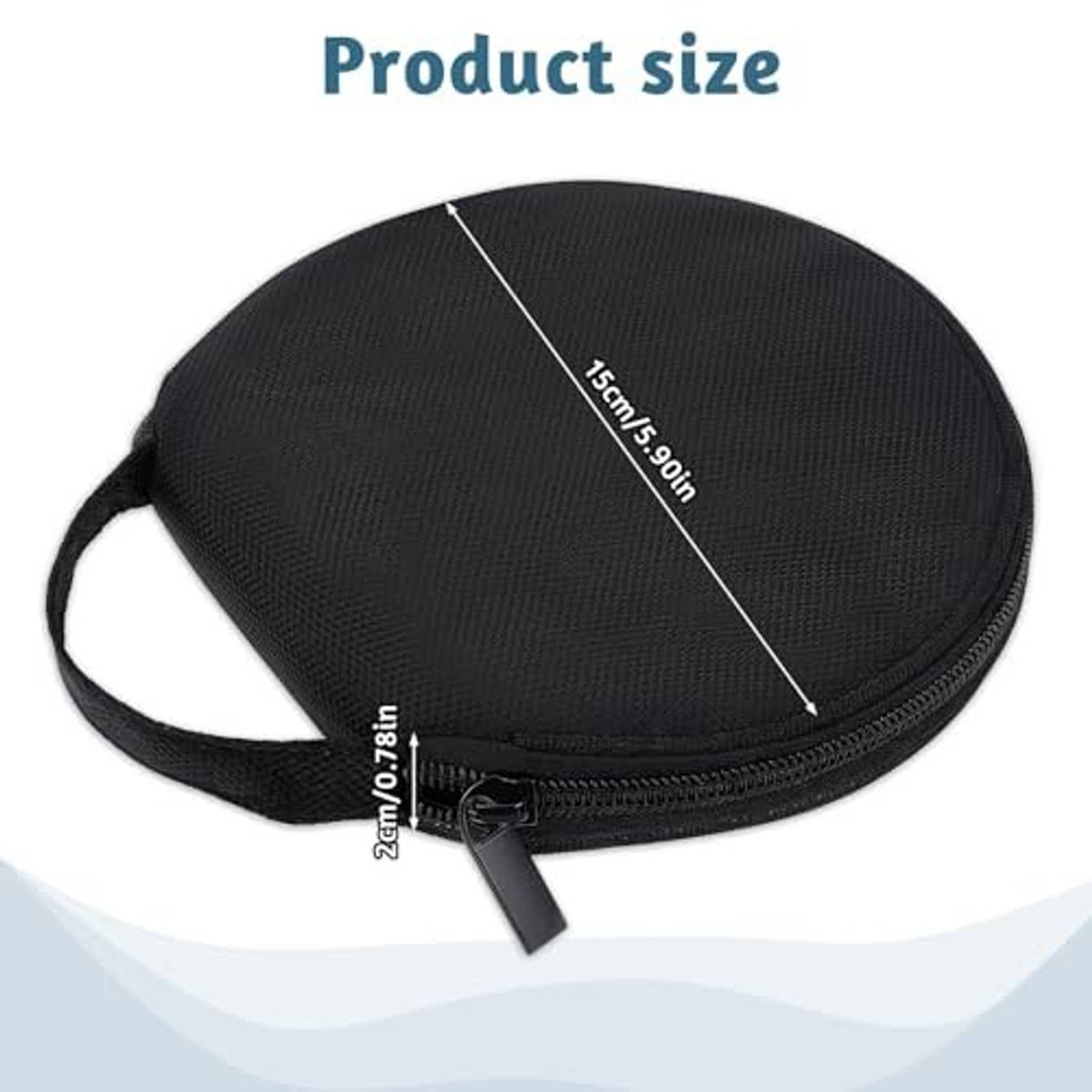 Black round CD/DVD storage case, 15 x 2 cm, with zipper and carrying strap pouch