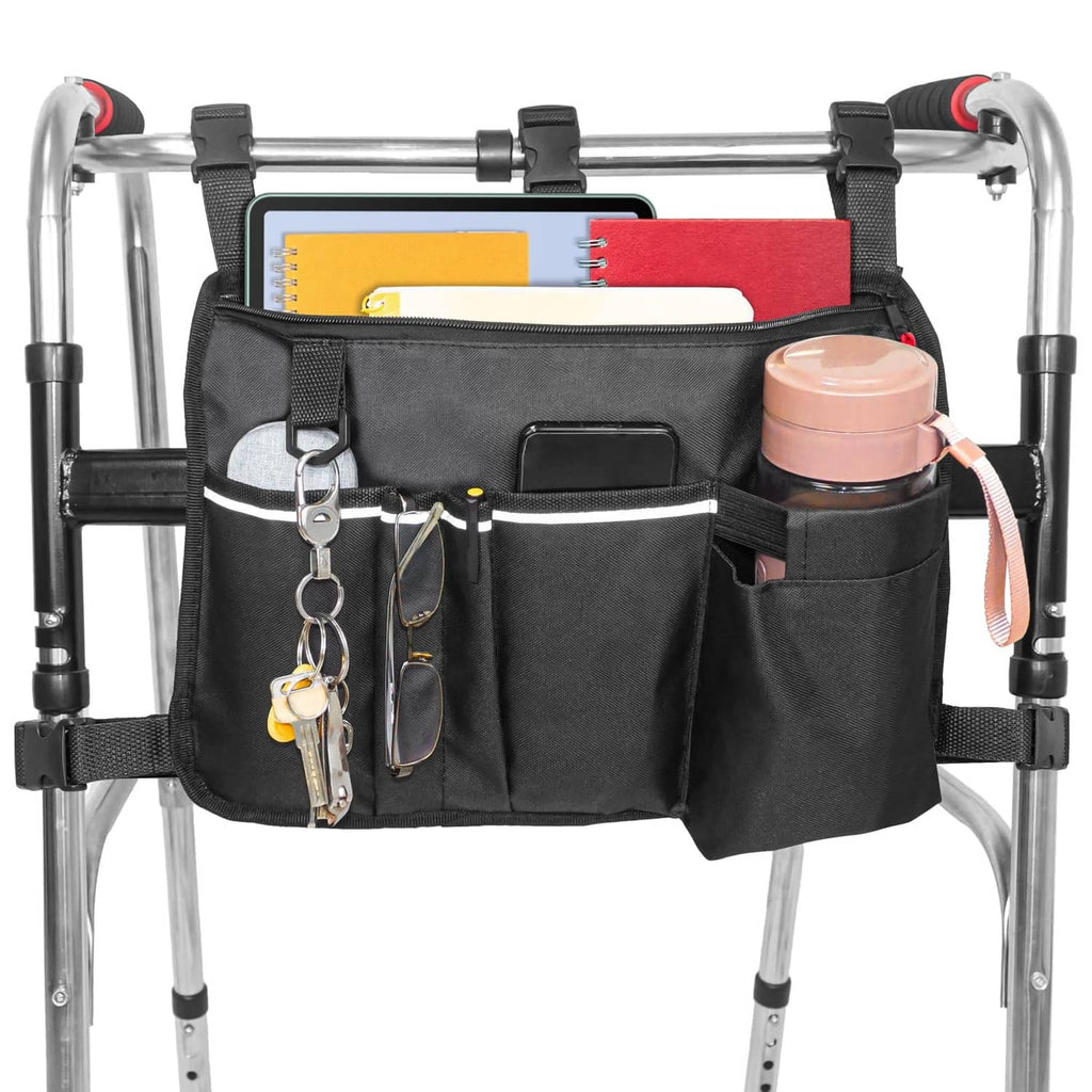 Black walker bag organizer with front zip pockets and cup holder attached to rail