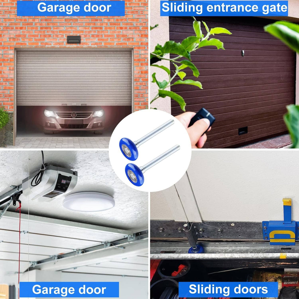 Blue garage door rollers with silver stems, two shown side by side
