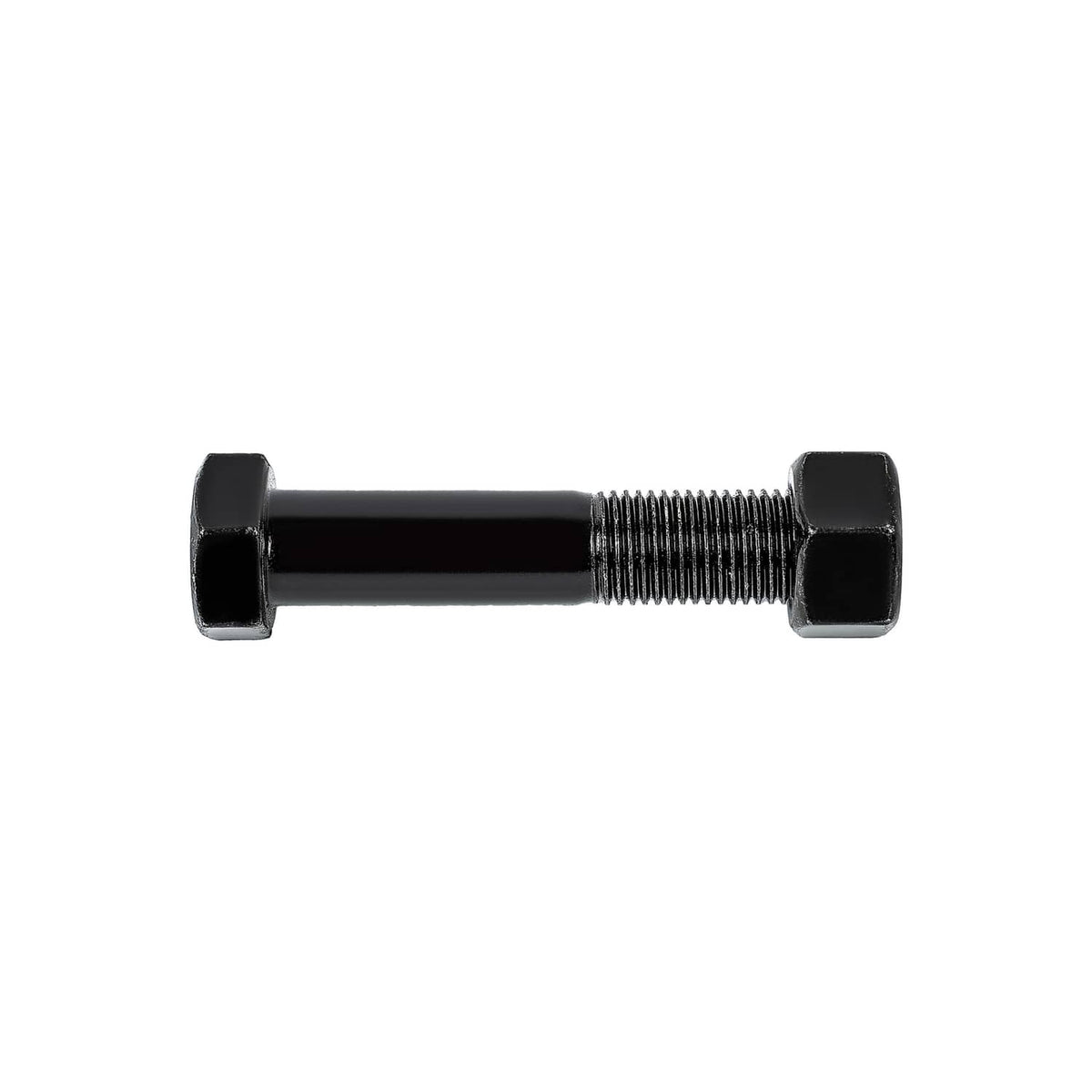 Black hex bolt with threaded shank and two hex nuts