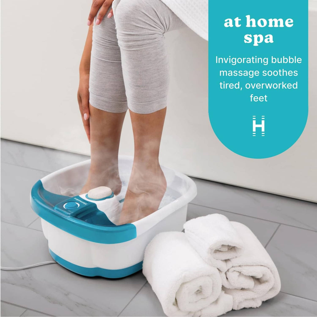 Blue foot spa tray with toe-touch control and removable pumice stone attachment