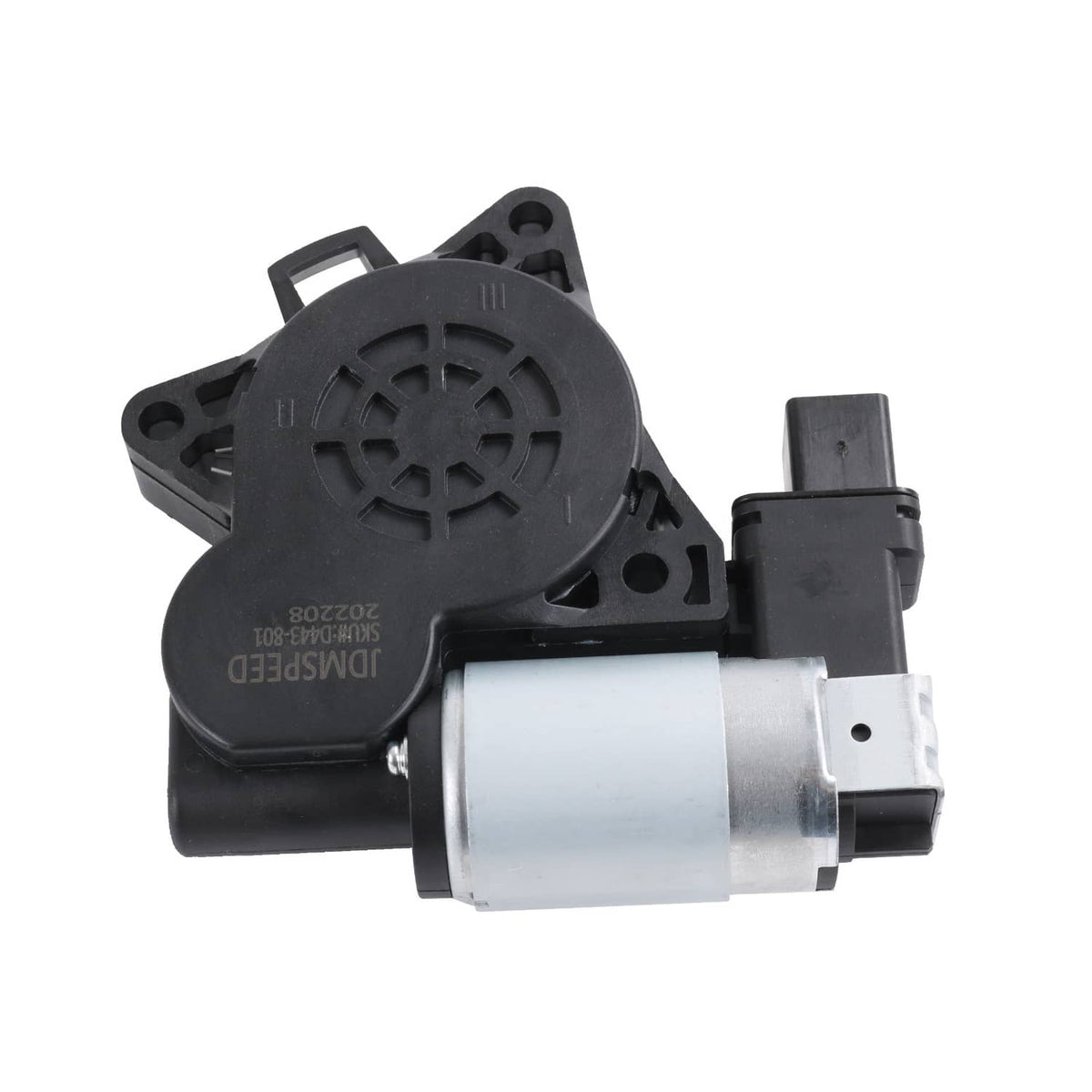 Power window lift regulator motor with black housing and silver cylinder, angled side view