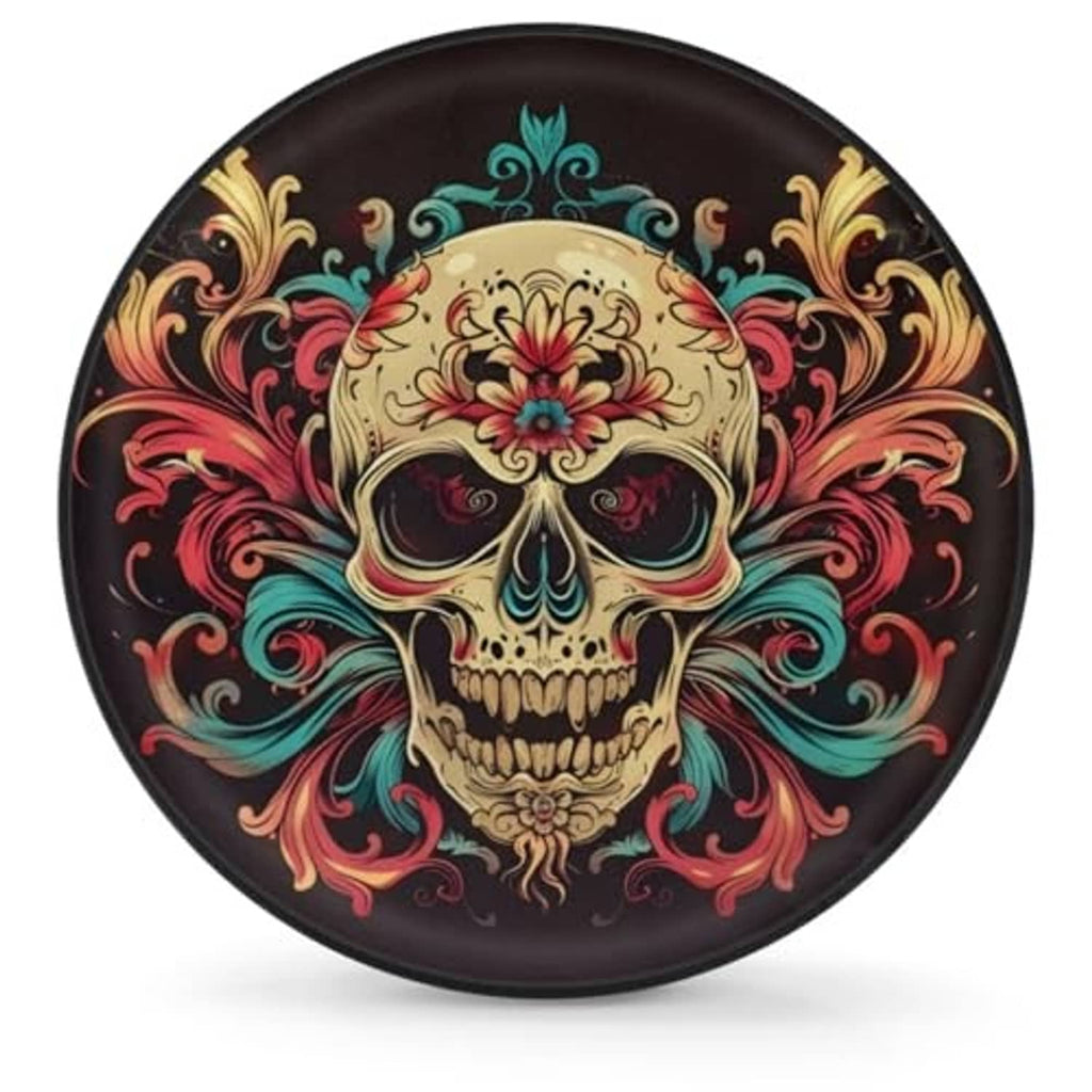 17-inch black spare tire cover featuring a colorful skull with ornate teal, red, gold swirls