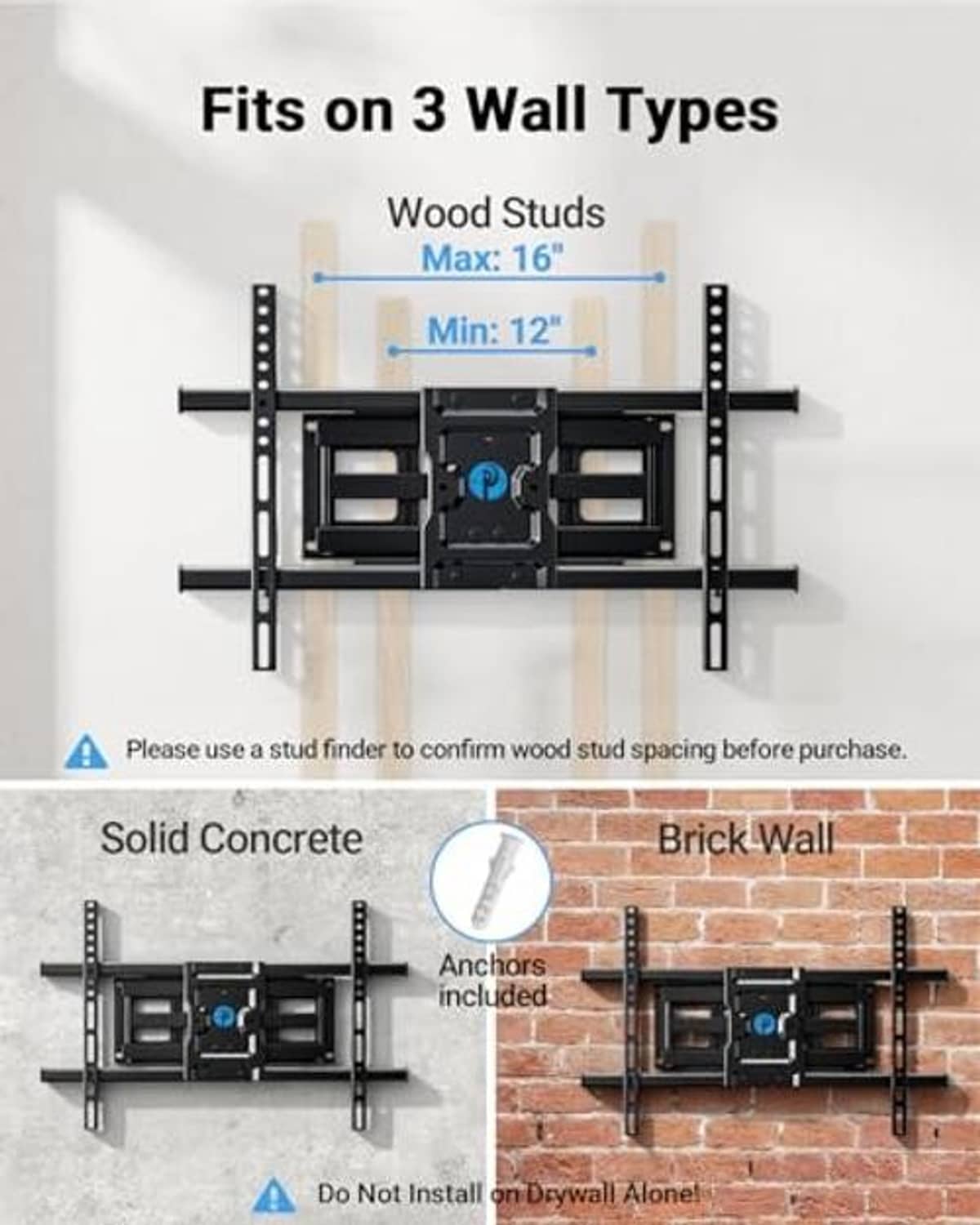 Full motion TV wall mount for wood studs and masonry, black with included anchors