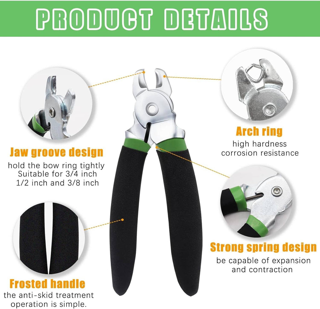 Bent hog ring pliers with green grip bands and jaw detail for arch-ring crimping