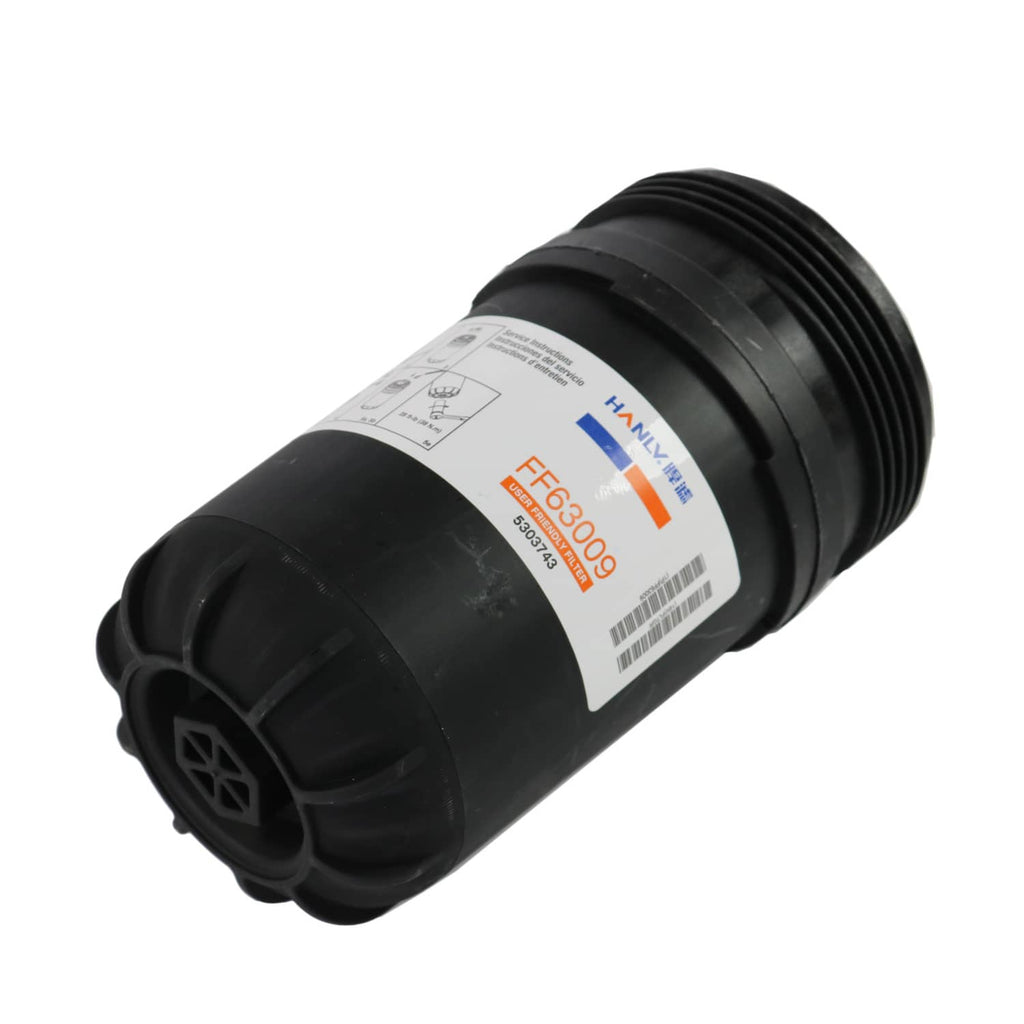 Black engine fuel filter with FF63009 label and threaded outlet end