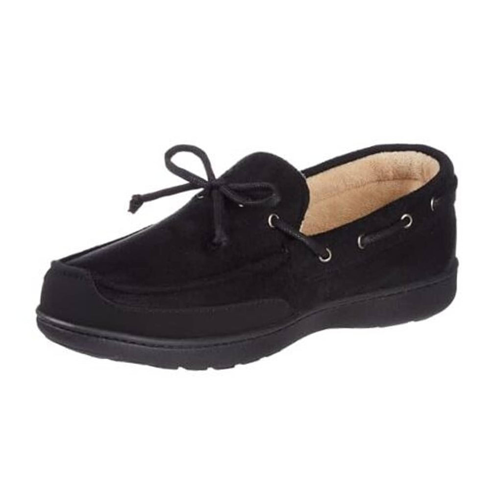 Black lace-up boater moccasin clog with faux-fur lining and rubber sole