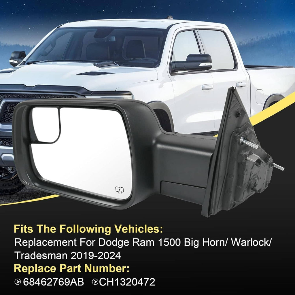 Pair of black heated side mirrors with integrated turn-signal lights for Dodge Ram 1500