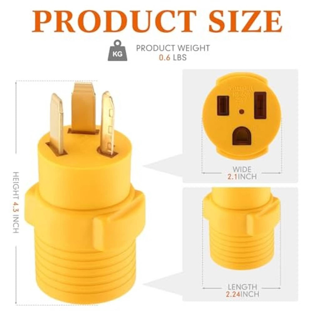 Yellow adapter plug with faceplate ports and rounded wide end, shown with size labels