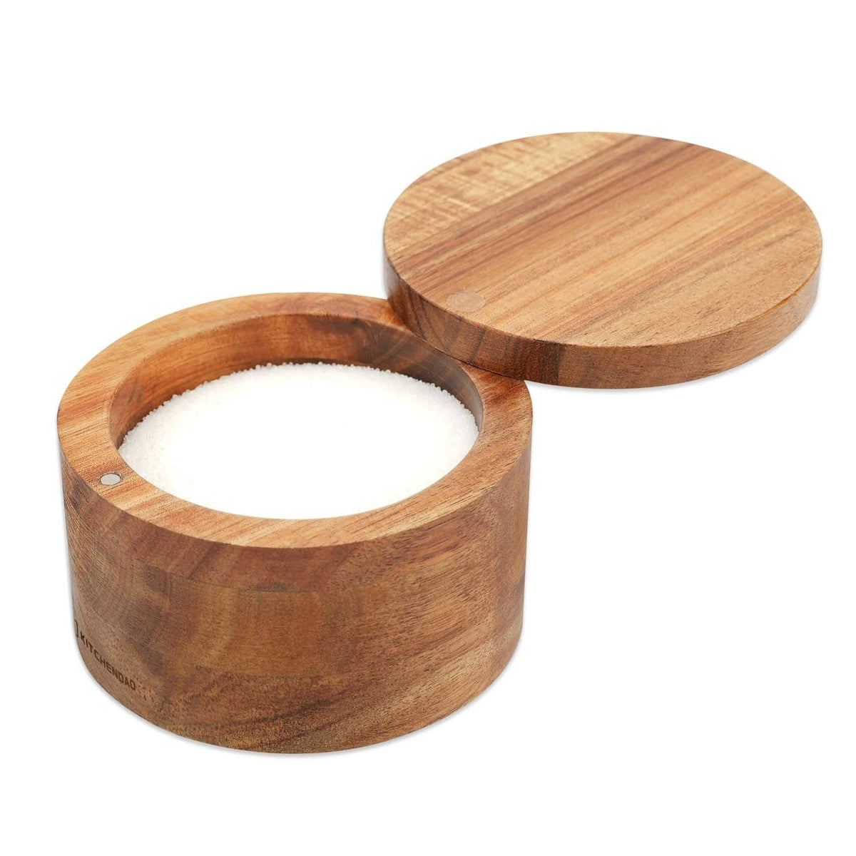 Acacia wood salt cellar bowl with round lid, open to show white salt