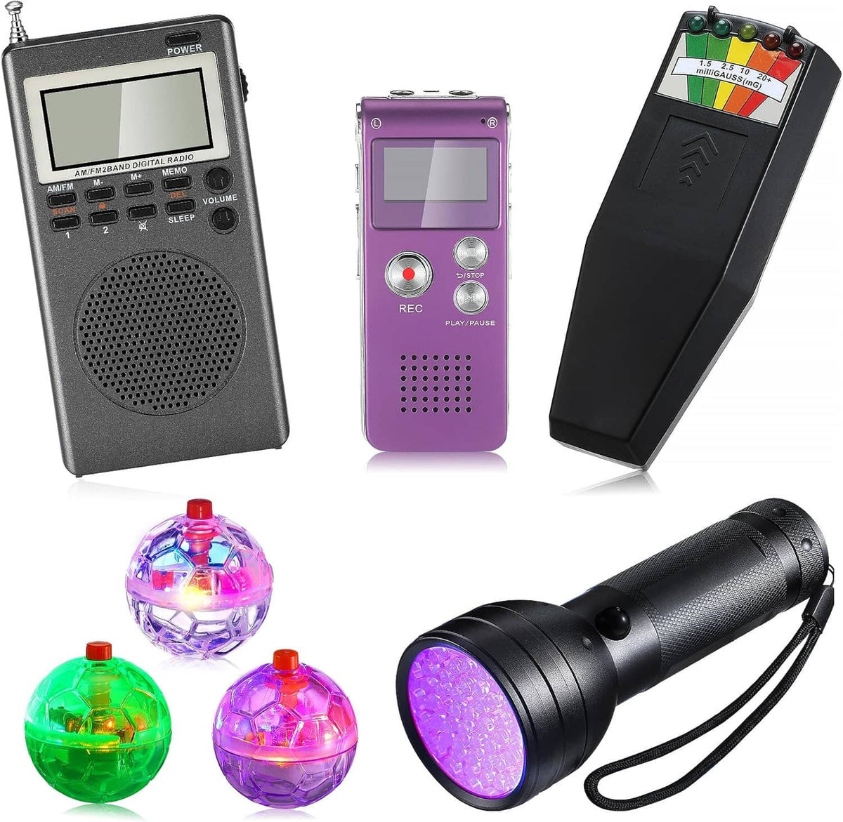 Paranormal detector kit: 3 handheld meters, 3 glowing crystal balls, black light device