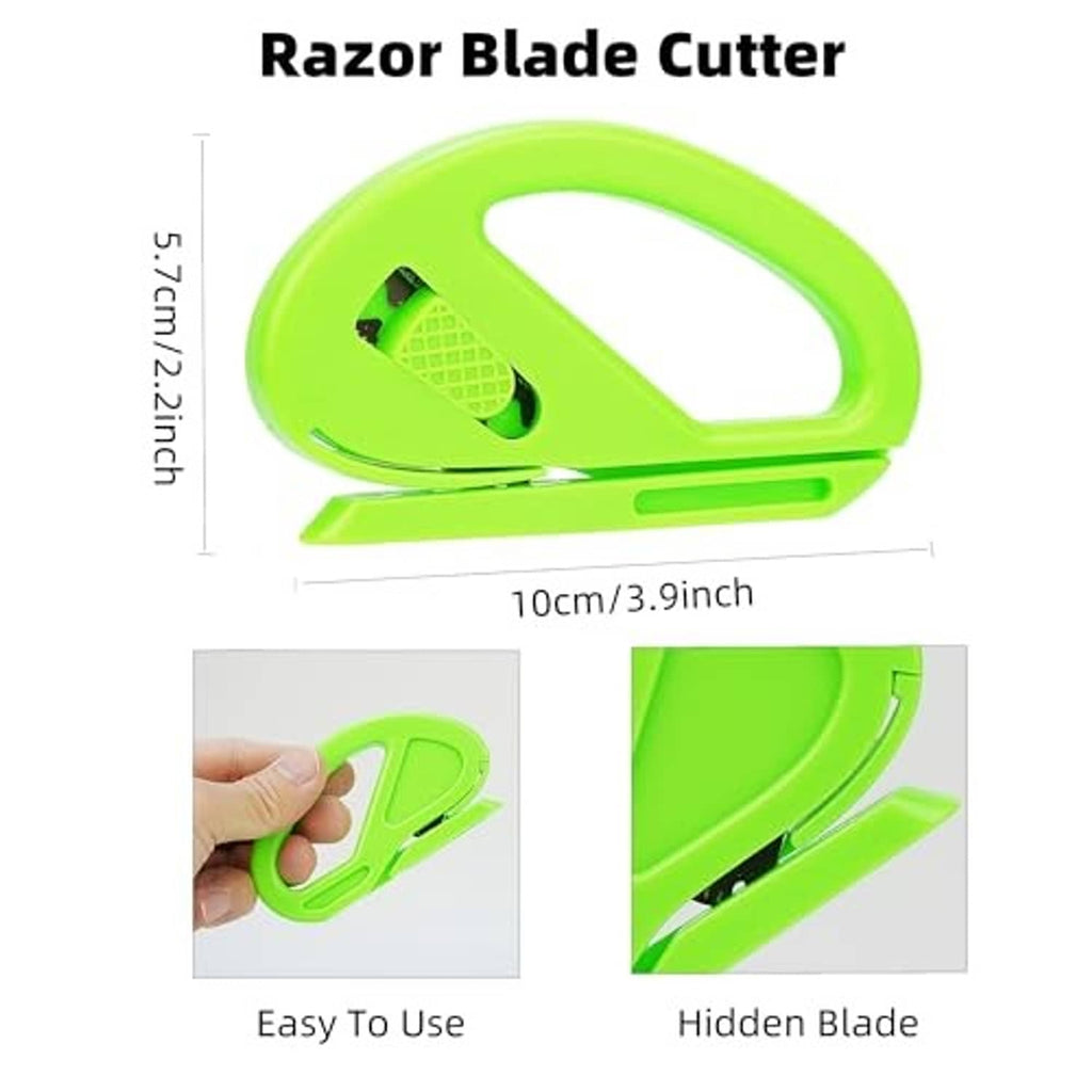 Razor blade cutter with lime green plastic handle and hidden blade